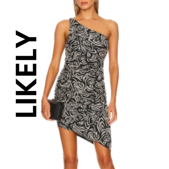 Likely Gemella Womens Mini Dress Sz 6 Black-Cream One Shoulder Asymmetrical Hem - Picture 1 of 14